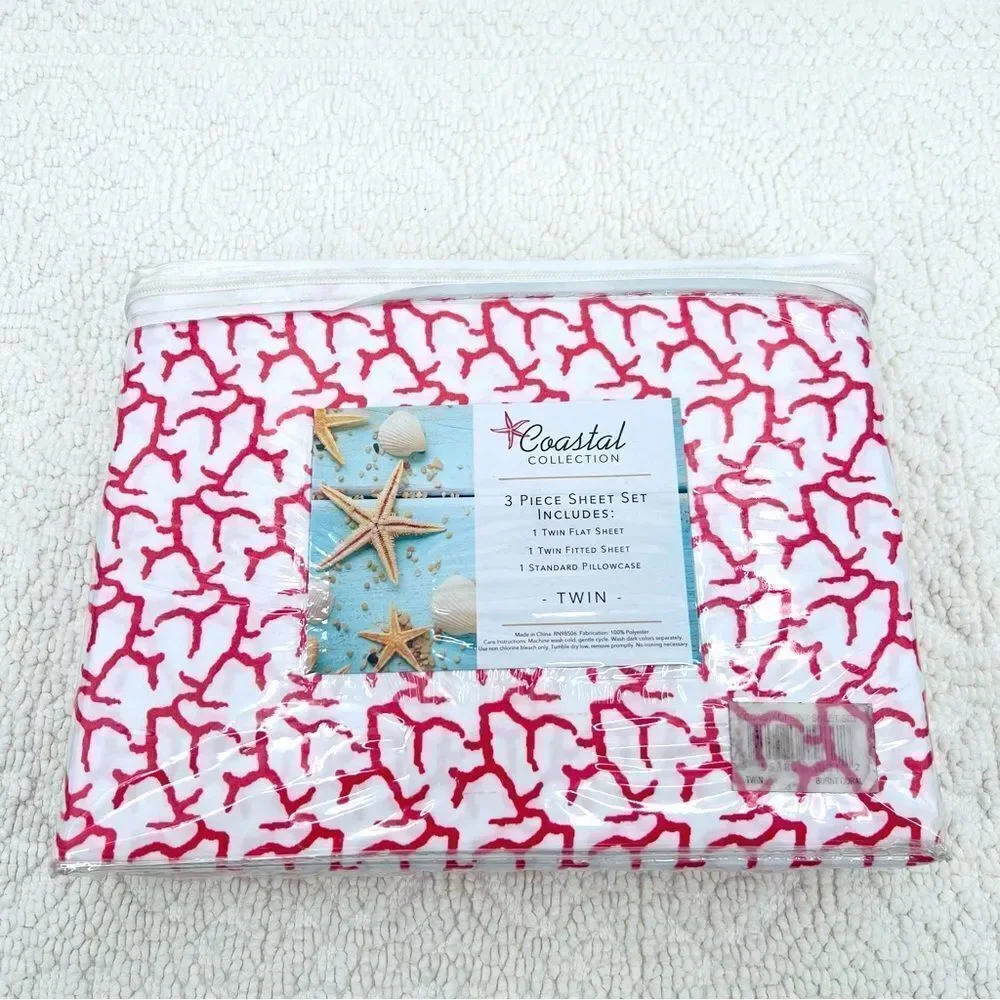 NEW Coastal Collection Sheet Set Twin White Red